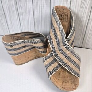 Lucky Brand LK-MILLER2 Striped Cork Wedge Sandals Blue Beige Womens 8.5M
